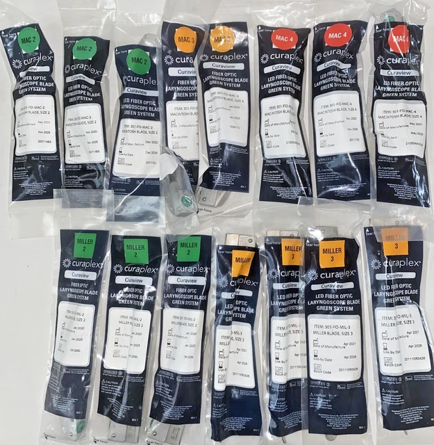 Lot Of 15 curaplex curaview Fiber optic Laryngoscope Blades Mil & MAC Sealed OEM