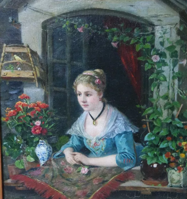 Simmonds Julius 1843-1924 Pyrmont Genre Dachfenster Blumensprache Kanarienvogel