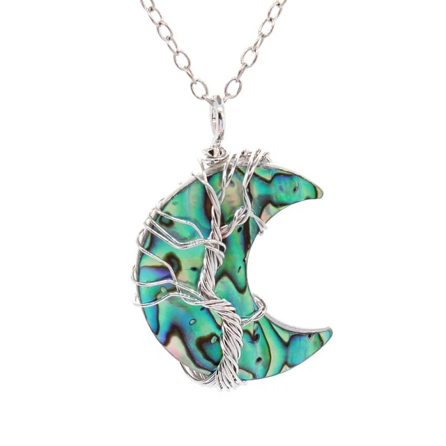 Natural Paua Abalone Shell Crescent Moon Wire Wrapped Tree Life Pendant Necklace