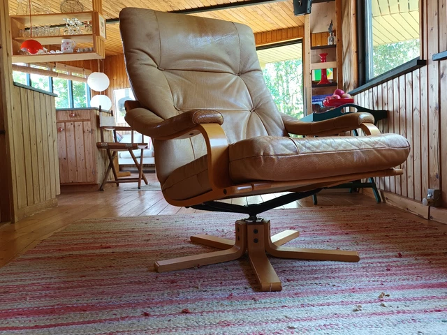 Plazas Vintage 60er Cuero Sillón de Relax Easy Silla Giratorio 60s Danés Moderno