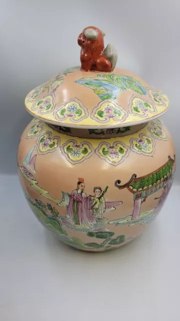 Large Vintage Chinese Famille Rose Porcelain Ginger Jar Foo Dog Lid 13.5" 2