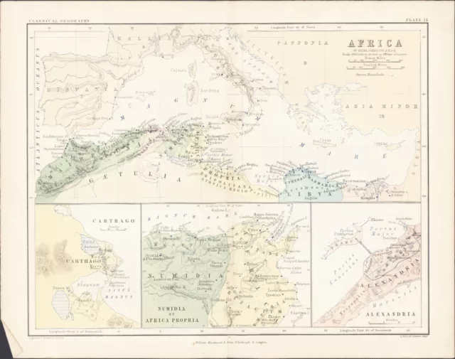 1873 Johnston Antique Map North Africa, The Mediterranean, Carthage, Alexandria