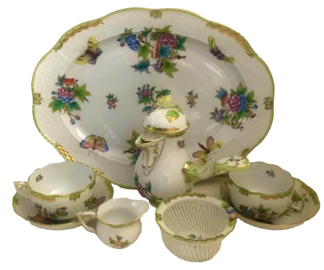 Herend Fine China 8 Pc Teapot Coffee Set For 2 Queen Victoria VBO Pattern