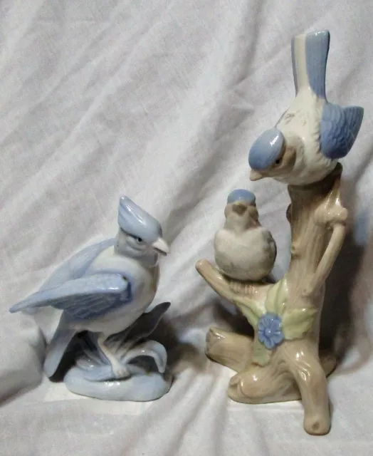 Pair of Vintage Porcelain Jay Bird Figurines, Pastel blue, grey colors, Otagiri