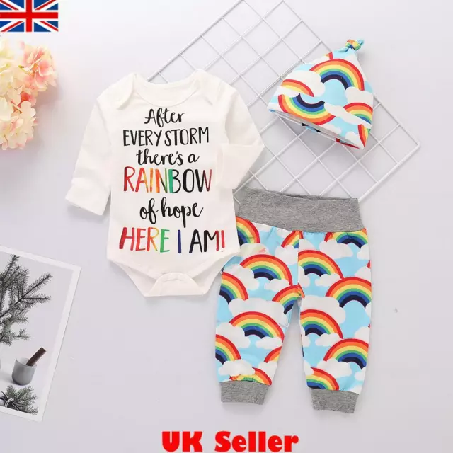 Newborn Baby Girl Boy Rainbow Romper Tops Jumpsuit Pants Hat Outfits Clothes Set