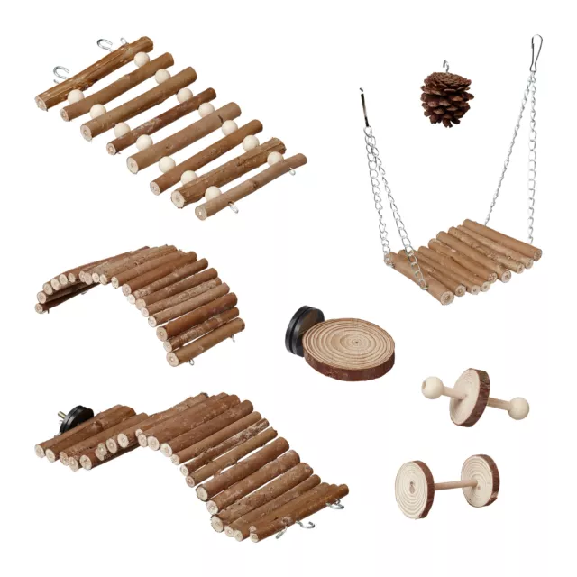 Lot de 8 jouets pour oiseaux Accessoires cage Planche siège Ponts bois de pin