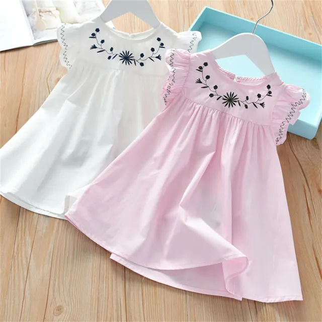 Kids Girls Summer Casual Embroidered Dress Short Flutter Sleeve Princess Dresses