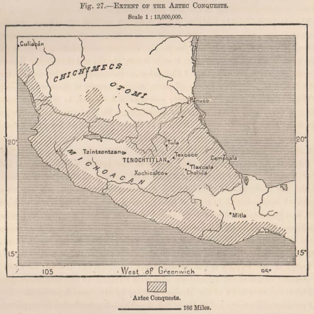 Extent of the Aztec conquests. Mexico 1885 old antique vintage map plan chart