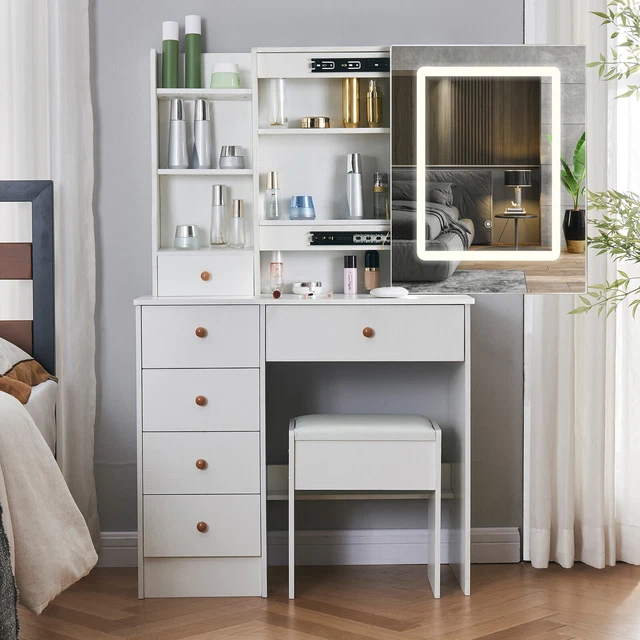 LED Light Strip Mirror Dressing Table Drawers,Side Cabinet Makeup Desk Stool Set