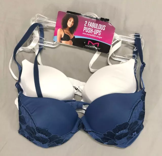 NWT MAIDENFORM Blue/White PLUNGE Underwire 2-FABULOUS PUSH-UP BRA Sz 34A