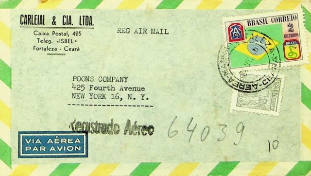 SEPHIL BRAZIL 1946 POST WWII 2v ON REGD AIRMAIL COVER FROM CEARA TO NEW YORK USA
