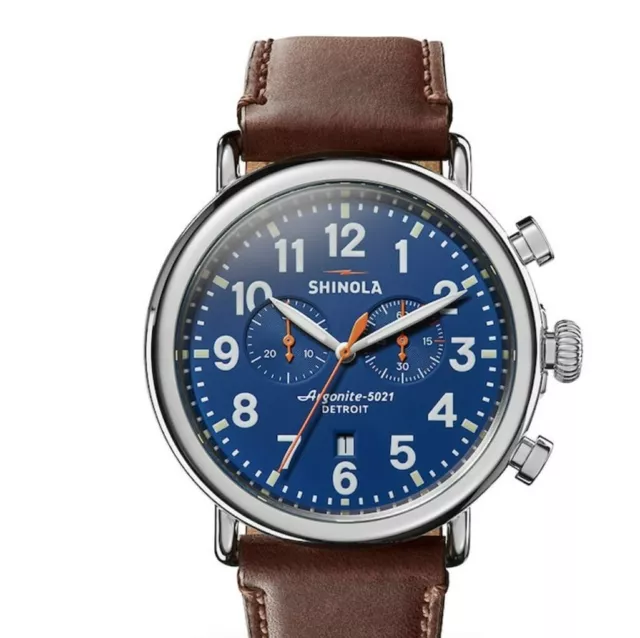 Shinola The Runwell Chronograph 47mm Leather Band S0110000047 Blue Dial & Date 2