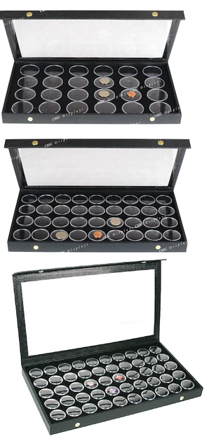 3pc Gem Jar Trays Case w/110pc Gem Jars Snap Clear View Jewelry Box Black Jars
