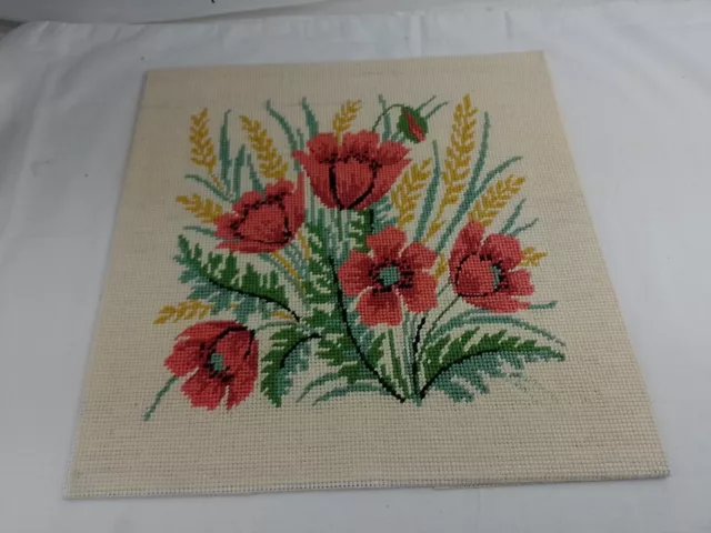 Vtg Tapestry Poppies Corn Completed Panel  35x35cm Hand Stitched Needlepoint