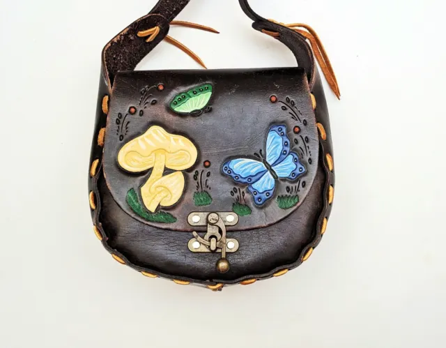 Vintage Hippy Handbag Tooled Brown Leather Laced Edge Mushroom & Butterfly Simco