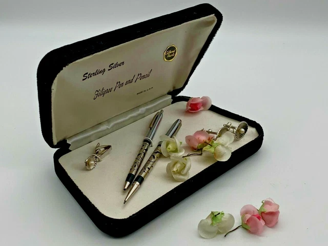 Vintage Silver Metal Set of Cuff Links Tie Clip Pen & Pencil FILIGREE Boxed