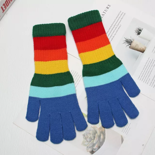 Ladies Girls Colorful Rainbow Striped Knit Gloves Touch Screen Fingers Fashion