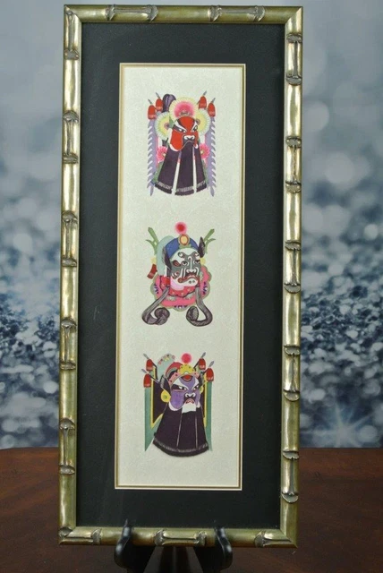 CHINESE OPERA MASK Painting PAPERCUTTING Paper Cut ART Oriental w Bamboo Frame