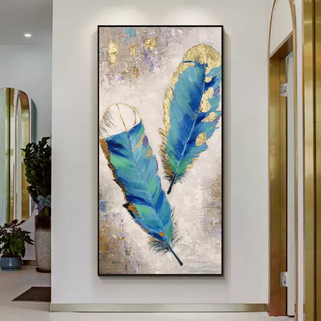 Handmade Golded Feather Oil Painting Abstract Canvas Wall Art Picture Home Decor