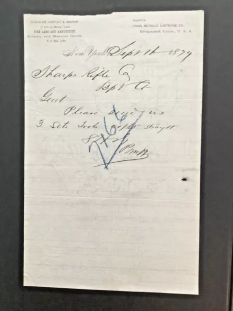 1879 Order from Schuyler, Hartley & Graham to Sharps Rifle Co.