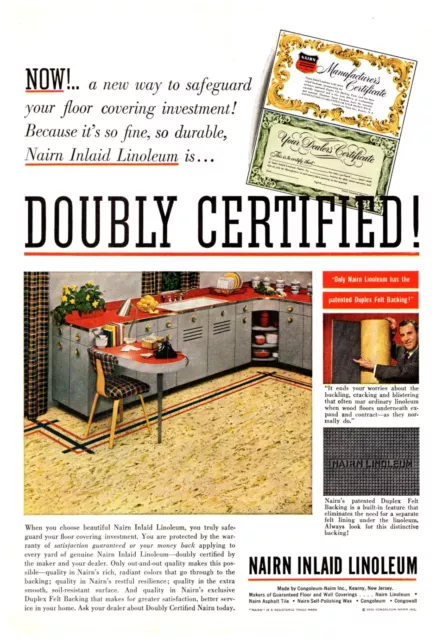 Vtg Print Ad 1950 Nairn Inlaid Linoleum Kitchen Flooring Doubly Certified 8x11