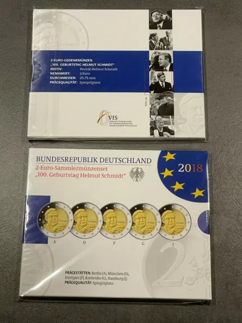 5 x 2 Euro Gedenkmünze Deutschland 2018 100. Geb. Helmut Schmidt Spiegelglanz PP