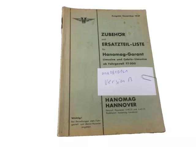 Ersatzteilliste Hanomag Garant ab FG 77000 Limusine und Ca   ma0810161 Version B