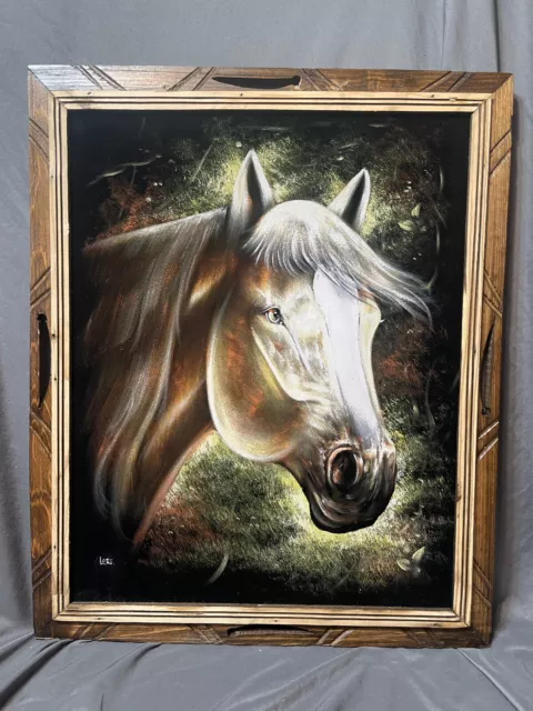 Black Velvet Painting Big Horse Head 19x23" carved wood frame made in mexico