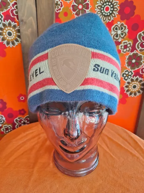 Ancien BONNET SANS POMPON Ski World Cup COURCHEVEL Bleu et Beige Sun Valley 2014