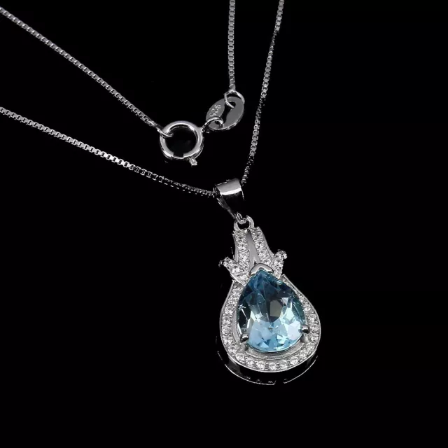Irradiated Pear Sky Blue Topaz 9x7mm Simulated Cz 925 Sterling Silver Necklace
