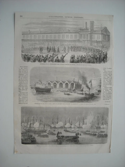Gravure 1863. A L’arsenal Maritime De Toulon. Lancement Fregate La Provence.....
