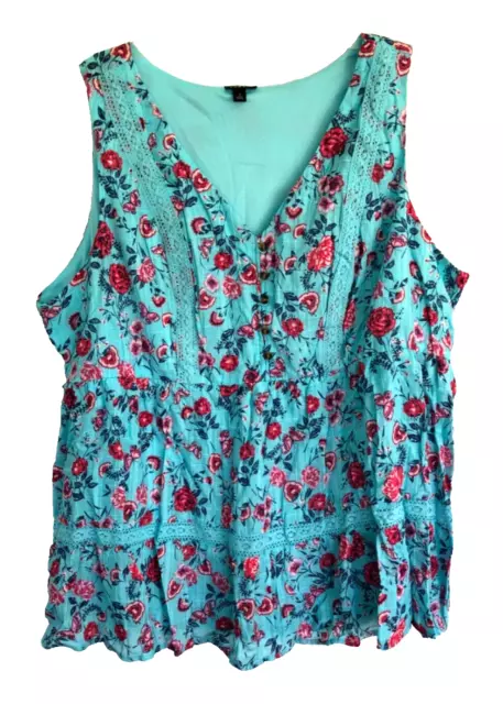 Torrid Blue Floral Embroider Inset Sleeveless Button Front Babydoll Tank Top 3X