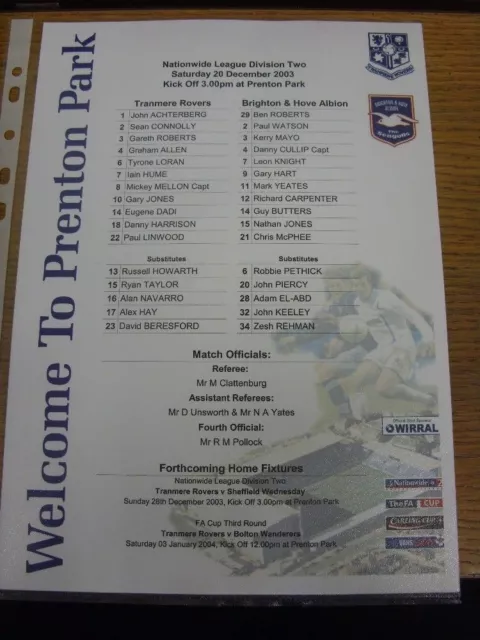 20/12/2003 Colour Teamsheet: Tranmere Rovers v Brighton And Hove Albion. Thank y