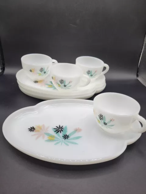 Atomic Flower Pot Leaf White Federal Milk Glass Snack Plate Tray w Cup Set  MCM