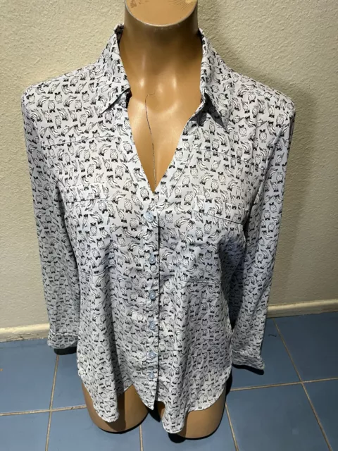 Express Portofino Shirt LIGHT BLUE OWL PRINT Long Sleeve Button Shirt- Women's M