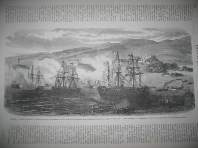 Gravure 1866 - Biarritz Escadre cuirassée de la Manche