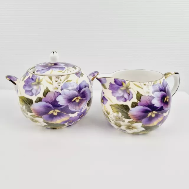 Maxwell & Williams Bone China Cream Pansy Creamer & Lidded Sugar Bowl Vintage