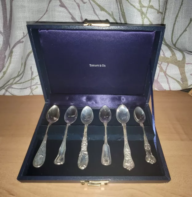 Tiffany & Co Set Of 6 Sterling Silver Variety Pattern Coffee Spoons Original Box