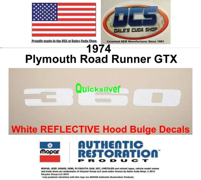1974 Plymouth road runner 360 White REFLECTIVE Hood Bulge Decals NEW MoPar USA