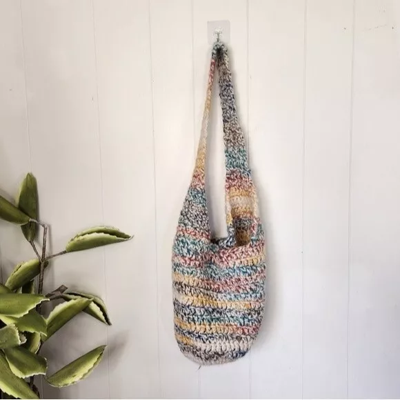 Vintage 90s Handmade Woven Hobo Bag Pastel 1990s Hippie Boho Bohemian Purse