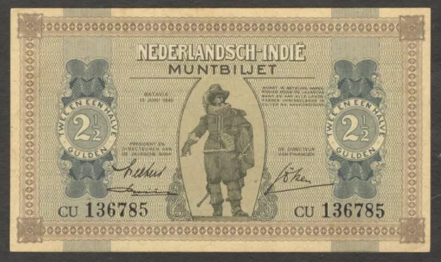 Netherlands East Indies 2 1/2 2.5 Gulden Muntbiljet 1940 P-109 XF+ to aUNC