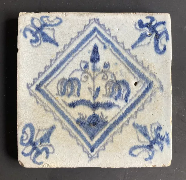Antique 17th Century Early Dutch Delft Tile with Floral Flower Circa 1600’s
