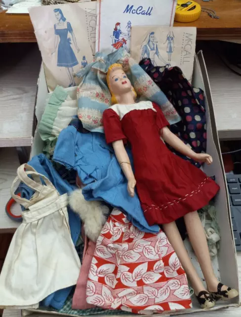 Vintage LOT Doll w/2 McCall patterns, Tricks n Sewing Cloth & hand made clothes.