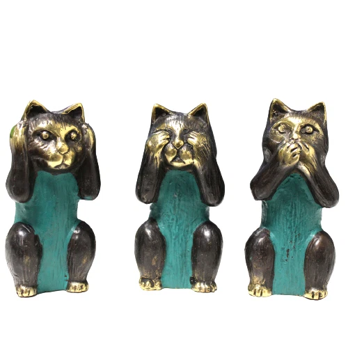 3er Set - Nein sehen, Nein hören, Kein Böses sprechen - Messingkatzen