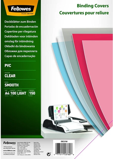 5376001 Copertine per Rilegatura in PVC Trasparente, Formato A4, 150 Micron, Con