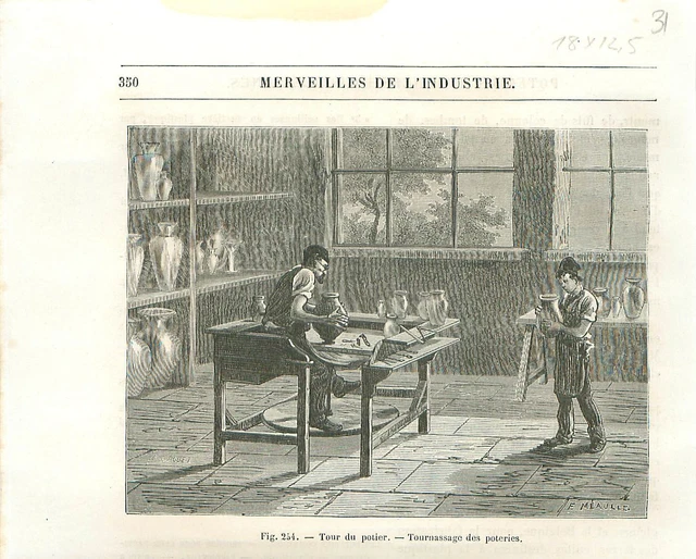 Tour du potier Tournassage des Poteries Atelier GRAVURE ANTIQUE OLD PRINT 1877