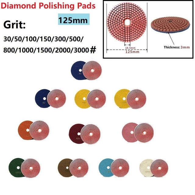 5 pouces/125 mm coussinets de polissage diamant sec/humide disques de meulage fl