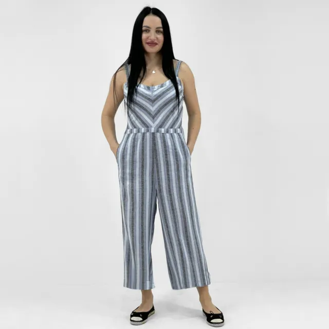 Womens Striped Blue Sleeveless Wide Leg Linen Jumpsuit Elastic Back Size 6 - 26
