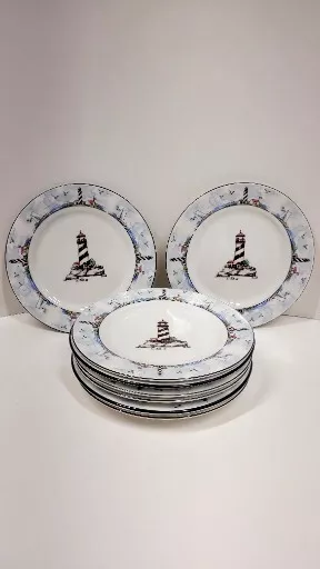 SET OF 4 Totally Today Coastal Lighthouse 7.25” Salad Dessert Plates Collectable