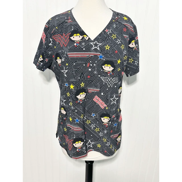 Wonder Woman Women's Tooniforms Licensed DC Comics V Neck Scrub Top Gray XL